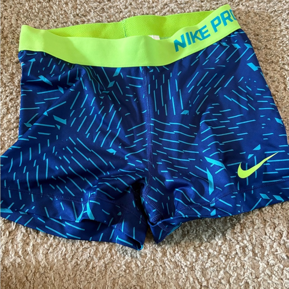 Nike Pro Blue and Neon Yellow Patterned Shorts
